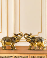 Alamkari India Polyresin Decorative Small Ornate Gold Polyresin Elephant Figurines (Set of 2)